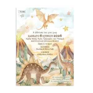 Προσκλητήριο βάπτισης για αγόρι εκτυπωμένο με θέμα Dinosaurs TS1069